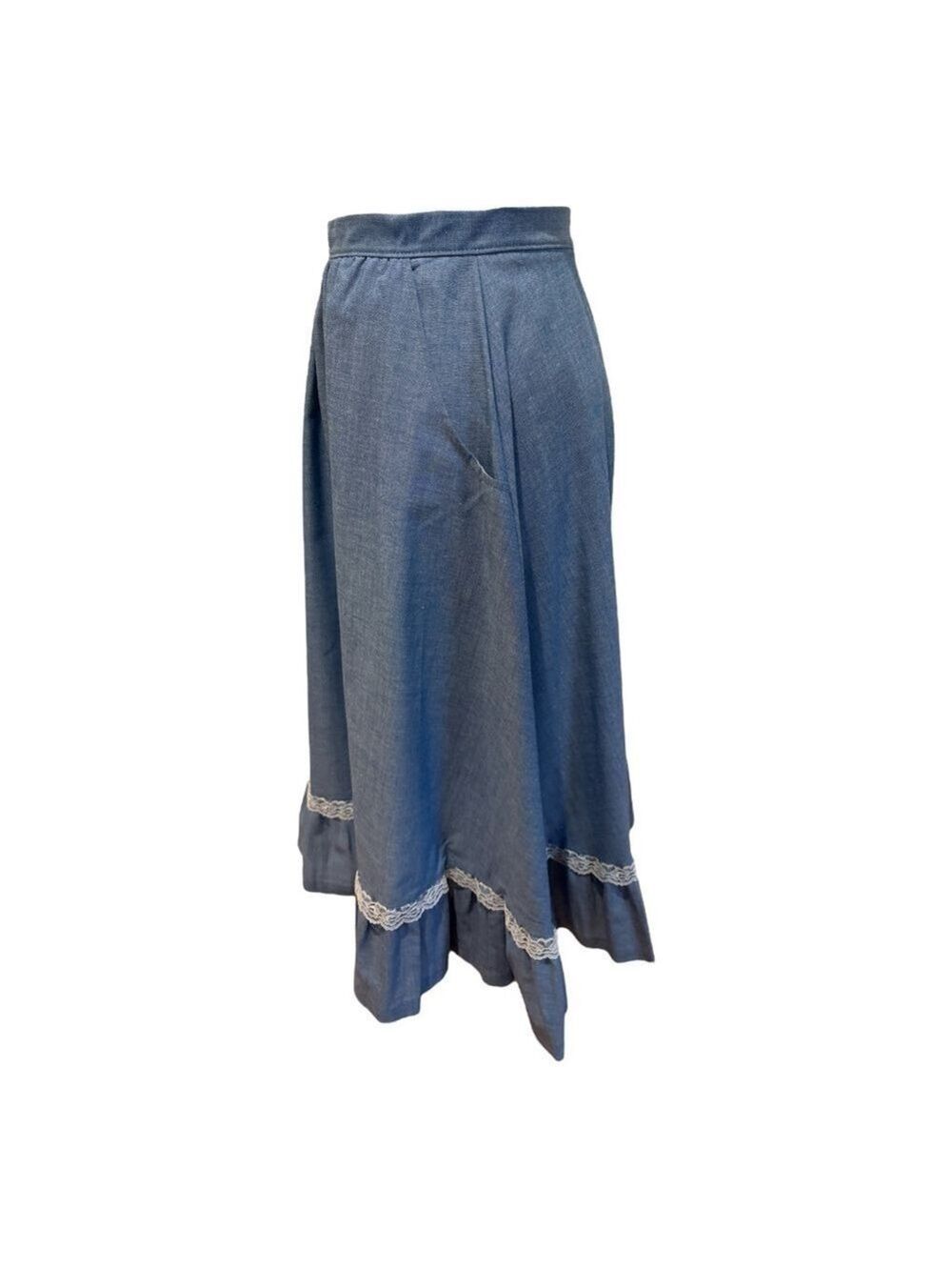 70s RTII COTTON BLUE CHAMBRAY & WHITE LACE COTTAGECORE COWGIRL MIDI SKIRT SZ S - Picture 5 of 8